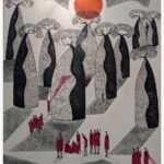 Ink and acrylic painting Call of the Baobabs by Sanjay Lavakare depicting baobab trees and figures under a red sun.