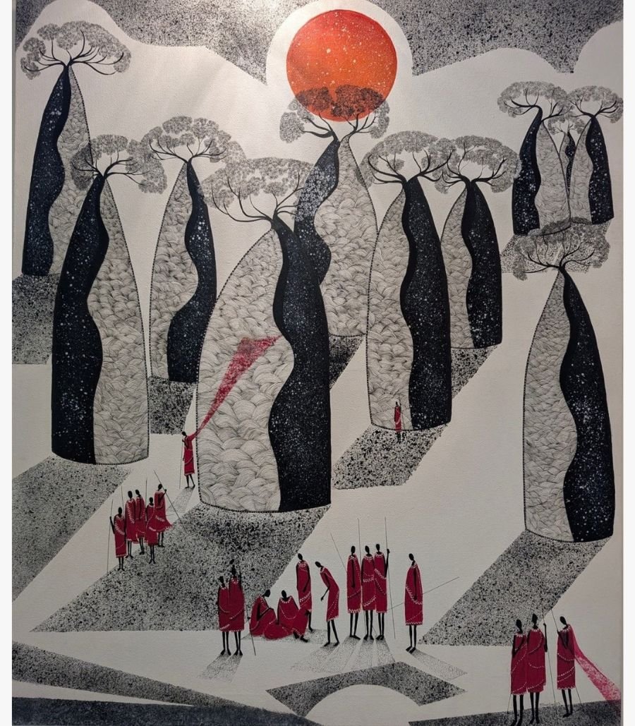 3 Ink and acrylic painting Call of the Baobabs by Sanjay Lavakare depicting baobab trees and figures under a red sun.