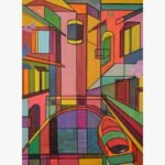 Vibrant geometric cubist acrylic painting titled Colorful Venice by Mansi Virani depicting a Venetian canal with a gondola, arched bridge, and multi-colored architecture.