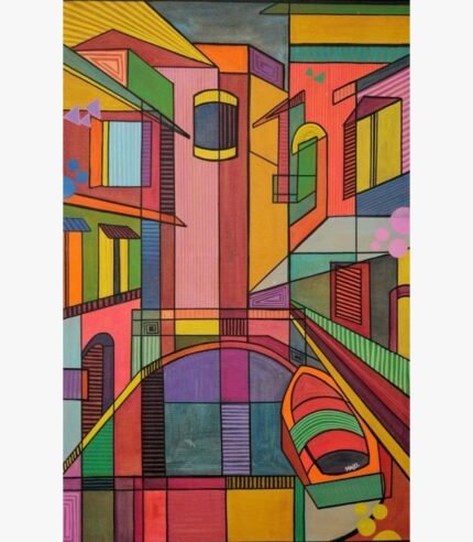 Vibrant geometric cubist acrylic painting titled Colorful Venice by Mansi Virani depicting a Venetian canal with a gondola, arched bridge, and multi-colored architecture.