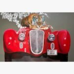 Contemporary surreal acrylic painting titled Quality time VIII by Jiban Biswas depicting a Bengal tiger wearing teal headphones lying on the hood of a vintage red sports car against a neutral grey background.