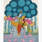 Traditional Indian painting titled Krishna - An Expression of Divinity by Nirmal Soni depicting Radha and Krishna under a stylized blue tree near a lotus pond rendered in natural pigment colors on paper.
