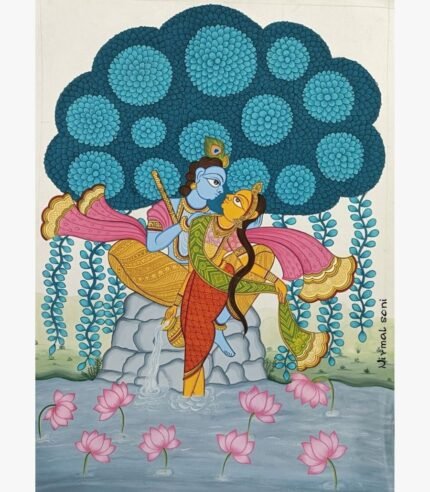 Traditional Indian painting titled Krishna - An Expression of Divinity by Nirmal Soni depicting Radha and Krishna under a stylized blue tree near a lotus pond rendered in natural pigment colors on paper.