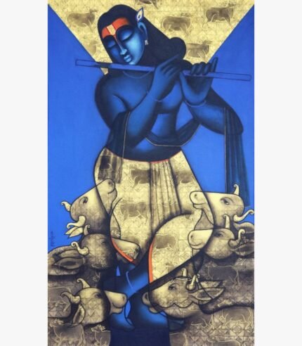 Acrylic canvas painting titled Gopal Priya by Pratiksha Bothe featuring a blue figure playing a flute among cows.