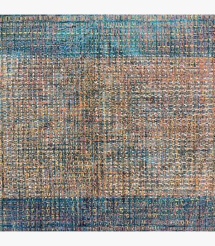 Large abstract acrylic canvas painting titled Untitled by Radhesham Dhamal featuring blue, teal, and orange woven linework.