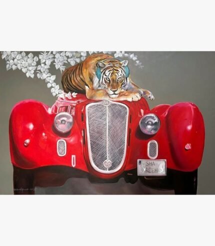 Contemporary surreal acrylic painting titled Quality time VIII by Jiban Biswas depicting a Bengal tiger wearing teal headphones lying on the hood of a vintage red sports car against a neutral grey background.