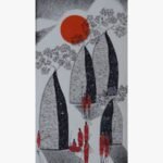 Vertical ink and acrylic painting Call of the Baobabs-4 by Sanjay Lavakare depicting baobab silhouettes under a red sun.