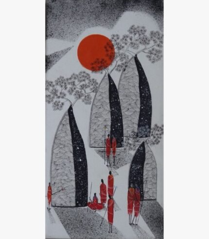 Vertical ink and acrylic painting Call of the Baobabs-4 by Sanjay Lavakare depicting baobab silhouettes under a red sun.