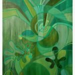 Serene green abstract acrylic painting titled Heart Chakra by Mansi Virani featuring layered geometric circles, organic leafy swirls, and emerald geometric lines.