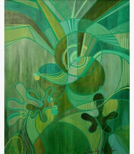 Serene green abstract acrylic painting titled Heart Chakra by Mansi Virani featuring layered geometric circles, organic leafy swirls, and emerald geometric lines.
