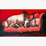 Contemporary Indian acrylic painting titled Quality time IX by Jiban Biswas depicting a large white sacred bull resting comfortably on a plush red vintage couch against a deep red backdrop.