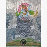 Traditional Indian artwork titled Krishna - An Expression of Divinity by Nirmal Soni depicting Lord Krishna holding Mount Govardhan above cows and a lotus pond in natural pigment colors on paper.