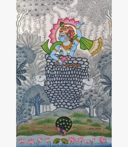 Traditional Indian artwork titled Krishna - An Expression of Divinity by Nirmal Soni depicting Lord Krishna holding Mount Govardhan above cows and a lotus pond in natural pigment colors on paper.