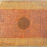 Large square abstract acrylic painting titled Untitled by Radhesham Dhamal with warm orange tones and a central circle motif.