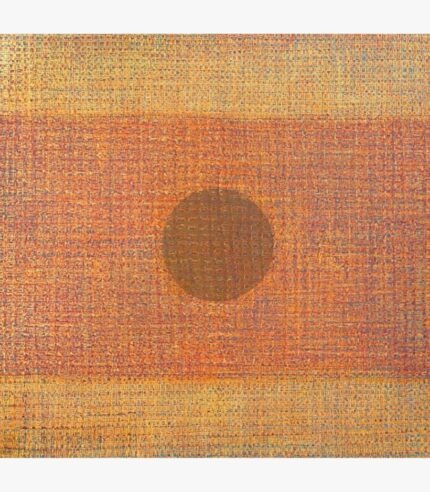Large square abstract acrylic painting titled Untitled by Radhesham Dhamal with warm orange tones and a central circle motif.