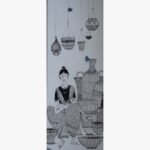Slim vertical ink and acrylic painting titled The Basket Seller by Sanjay Lavakare depicting a figure with woven vessels.