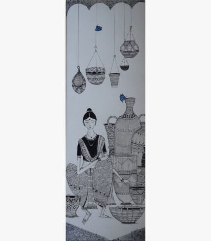 Slim vertical ink and acrylic painting titled The Basket Seller by Sanjay Lavakare depicting a figure with woven vessels.