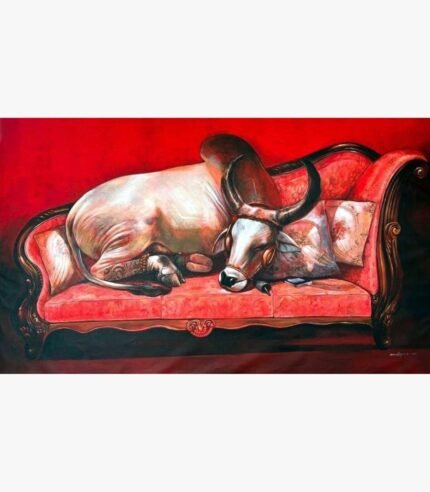 Contemporary Indian acrylic painting titled Quality time IX by Jiban Biswas depicting a large white sacred bull resting comfortably on a plush red vintage couch against a deep red backdrop.
