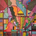 Vibrant geometric cubist acrylic painting titled Coffee Convers by Mansi Virani depicting two figures seated at a cafe table sharing a drink amidst colorful abstract patterns.