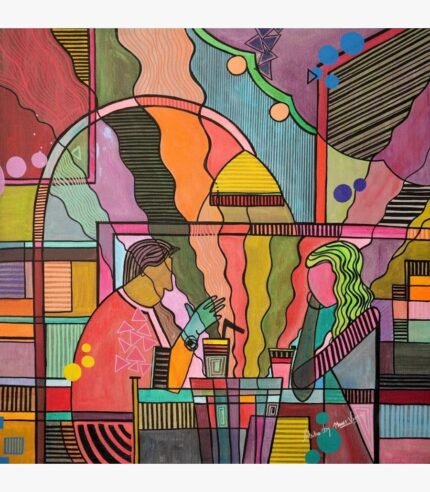 Vibrant geometric cubist acrylic painting titled Coffee Convers by Mansi Virani depicting two figures seated at a cafe table sharing a drink amidst colorful abstract patterns.