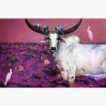 Contemporary Indian acrylic painting titled Quality time V by Jiban Biswas depicting a divine white bull in a field of vibrant purple lotus pads with birds perched on its horns and pink egrets nearby.