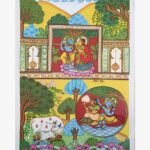 raditional Indian narrative painting titled Krishnaleela - Stories of Divine Love by Nirmal Soni depicting Radha Krishna scenes with sacred cows and lotus ponds in natural pigment colors on paper.
