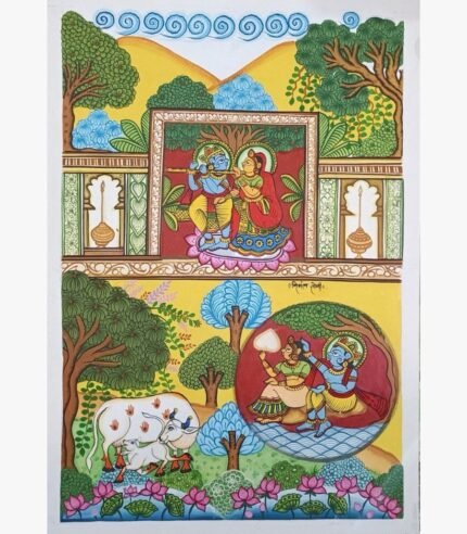 raditional Indian narrative painting titled Krishnaleela - Stories of Divine Love by Nirmal Soni depicting Radha Krishna scenes with sacred cows and lotus ponds in natural pigment colors on paper.