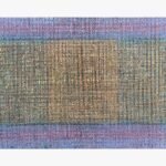Square abstract acrylic painting titled Untitled by Radhesham Dhamal featuring lilac, teal, and golden woven gridlines.