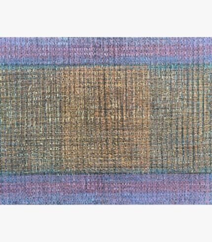 Square abstract acrylic painting titled Untitled by Radhesham Dhamal featuring lilac, teal, and golden woven gridlines.