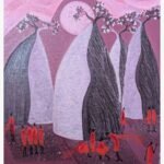 Vertical ink and acrylic painting Call of the Baobabs-2 by Sanjay Lavakare depicting pink baobabs and red figures.