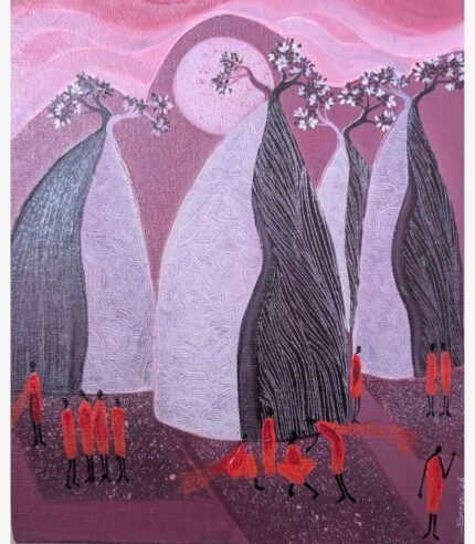 Vertical ink and acrylic painting Call of the Baobabs-2 by Sanjay Lavakare depicting pink baobabs and red figures.