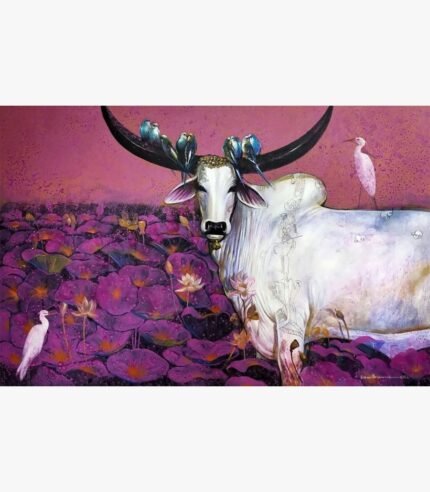 Contemporary Indian acrylic painting titled Quality time V by Jiban Biswas depicting a divine white bull in a field of vibrant purple lotus pads with birds perched on its horns and pink egrets nearby.