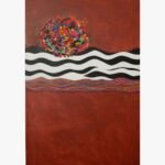 Minimalist abstract expressionist acrylic painting titled Artist's Sun by Mansi Virani featuring a multi-colored textured orb sun above black-and-white zebra waves on a terracotta red background.