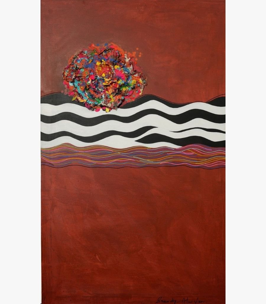 7 Minimalist abstract expressionist acrylic painting titled Artist's Sun by Mansi Virani featuring a multi-colored textured orb sun above black-and-white zebra waves on a terracotta red background.