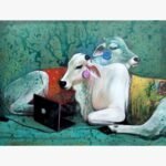 Contemporary surreal acrylic painting titled Quality time IV by Jiban Biswas depicting two white cows wearing colorful headphones in front of an open laptop against a textured turquoise green backdrop.