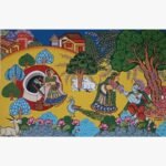 Traditional Indian painting titled Panghat by Nirmal Soni depicting village women drawing water at a well and offering a drink to Lord Krishna in natural pigment colors on paper.