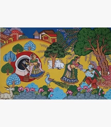 Traditional Indian painting titled Panghat by Nirmal Soni depicting village women drawing water at a well and offering a drink to Lord Krishna in natural pigment colors on paper.