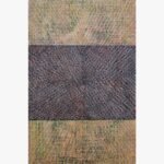 Vertical abstract acrylic painting titled Untitled by Radhesham Dhamal featuring a dark central block between golden grid sections.