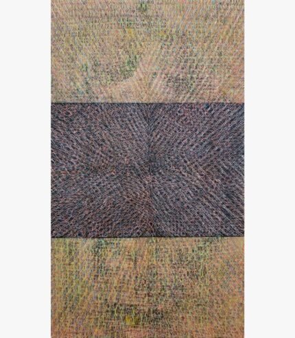 Vertical abstract acrylic painting titled Untitled by Radhesham Dhamal featuring a dark central block between golden grid sections.