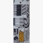 Slim vertical ink and acrylic artwork titled The Rug Seller-1 by Sanjay Lavakare depicting a figure displaying patterned textiles.