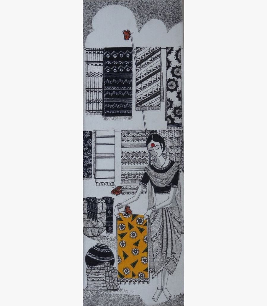 7 Slim vertical ink and acrylic artwork titled The Rug Seller-1 by Sanjay Lavakare depicting a figure displaying patterned textiles.