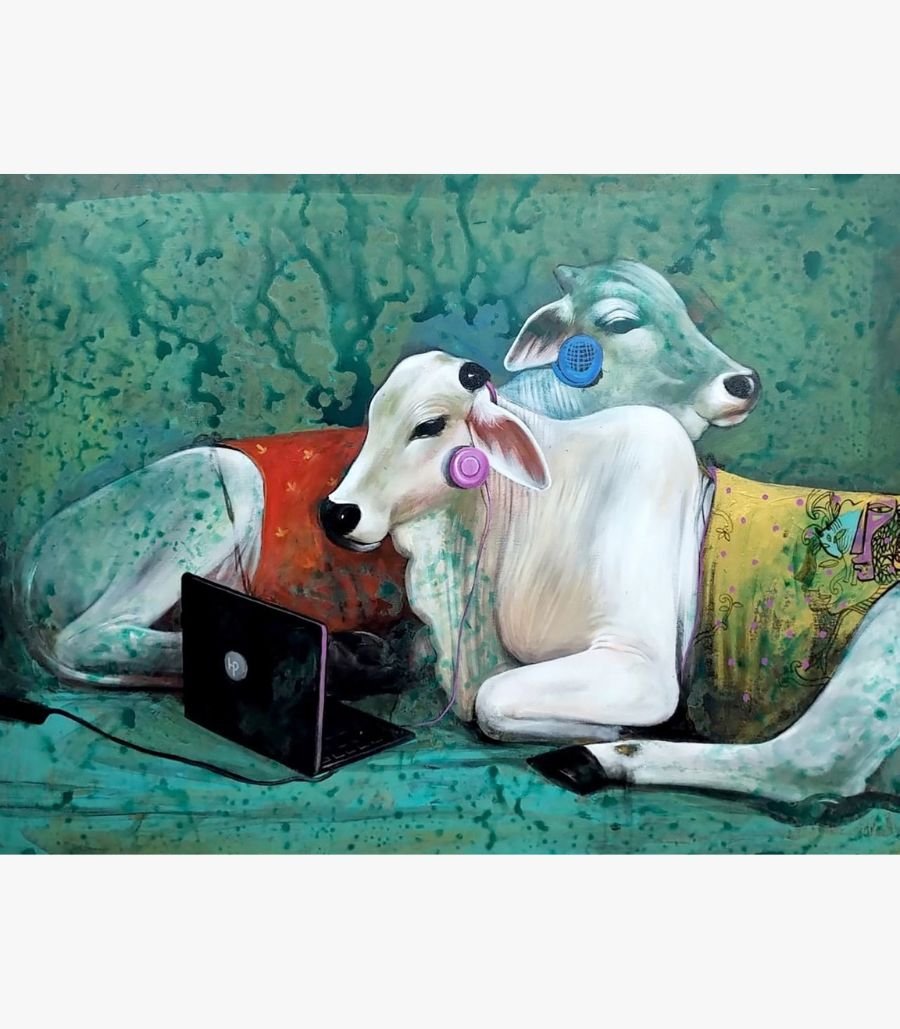 7 Contemporary surreal acrylic painting titled Quality time IV by Jiban Biswas depicting two white cows wearing colorful headphones in front of an open laptop against a textured turquoise green backdrop.