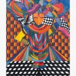Vibrant abstract expressionist acrylic painting titled My Shrinathji by Mansi Virani depicting the Hindu deity Lord Shrinathji in colorful geometric cubist attire with checkerboard background patterns.