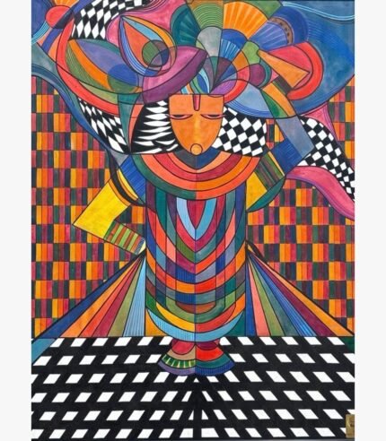 Vibrant abstract expressionist acrylic painting titled My Shrinathji by Mansi Virani depicting the Hindu deity Lord Shrinathji in colorful geometric cubist attire with checkerboard background patterns.