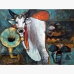 Contemporary Indian acrylic painting titled Quality time III by Jiban Biswas depicting a decorated white bull next to a vintage teal gramophone with surreal mythological figures against a textured turquoise backdrop.