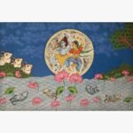 Traditional Indian artwork titled Nataraja - The Cosmic Dance by Nirmal Soni depicting divine figures dancing before a luminous full moon above lotus water in natural pigment colors on paper.
