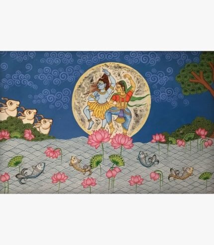 Traditional Indian artwork titled Nataraja - The Cosmic Dance by Nirmal Soni depicting divine figures dancing before a luminous full moon above lotus water in natural pigment colors on paper.