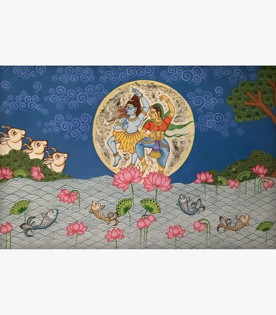 8 Traditional Indian artwork titled Nataraja - The Cosmic Dance by Nirmal Soni depicting divine figures dancing before a luminous full moon above lotus water in natural pigment colors on paper.