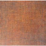 Square abstract acrylic canvas painting titled Untitled by Radhesham Dhamal with dense burnt orange and blue grid textures.