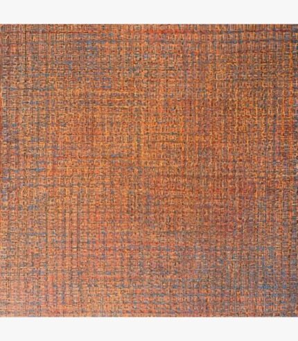 Square abstract acrylic canvas painting titled Untitled by Radhesham Dhamal with dense burnt orange and blue grid textures.